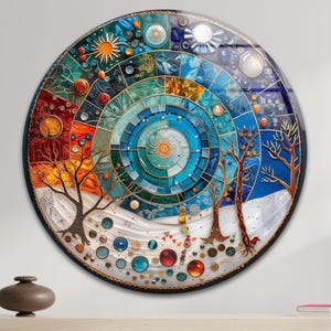 Vier Jahreszeiten Mandala Glaswandkunst: Spirituelles Wohndekor