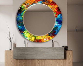 Stained Glass Mosaic Mirror: Round Tempered Glass Wall Art
