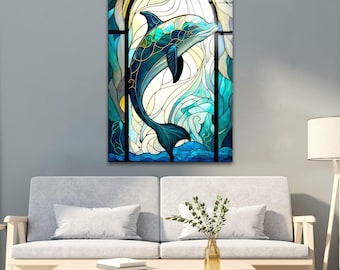 Dolphin Stained Glass Wall Art: Coastal Ocean Decor