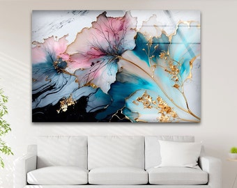 Abstract Floral Glass Wall Art: Gold & Blue Ink Painting