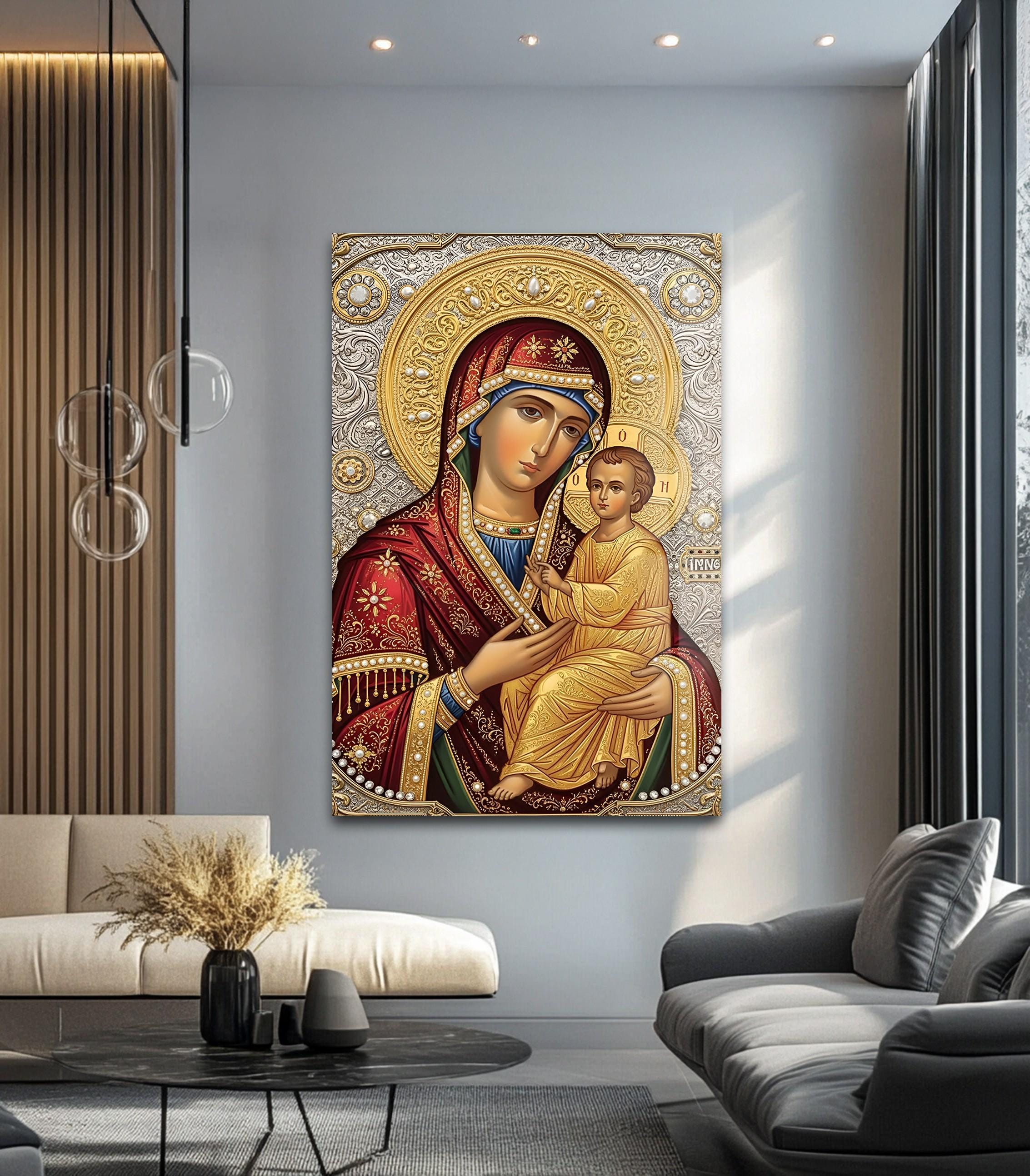 Virgin Mary and Child Icon Glass Wall Art – Red & Gold Byzantine Sacred ...