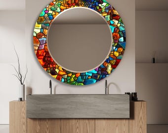 Colorful Round Tempered Glass Wall Mirror: Mosaic Look, Living Room & Bathroom