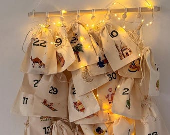 Calendario de Ramadán con bolsas de tela y macramé: decoración islámica para niños y familias | Idea de regalo perfecta para Ramadán
