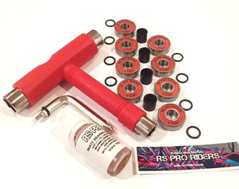 Full Skateboard Kit 8 x ABEC 9 Bearings Hardware Multi-Tool Spacers Lube Sticker