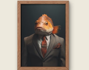Animal Portrait Printable Wallart Fish Art Digital Download Aquatic Elegance Art Funny Fish in a Suit to Print at Home Design Animal Poster