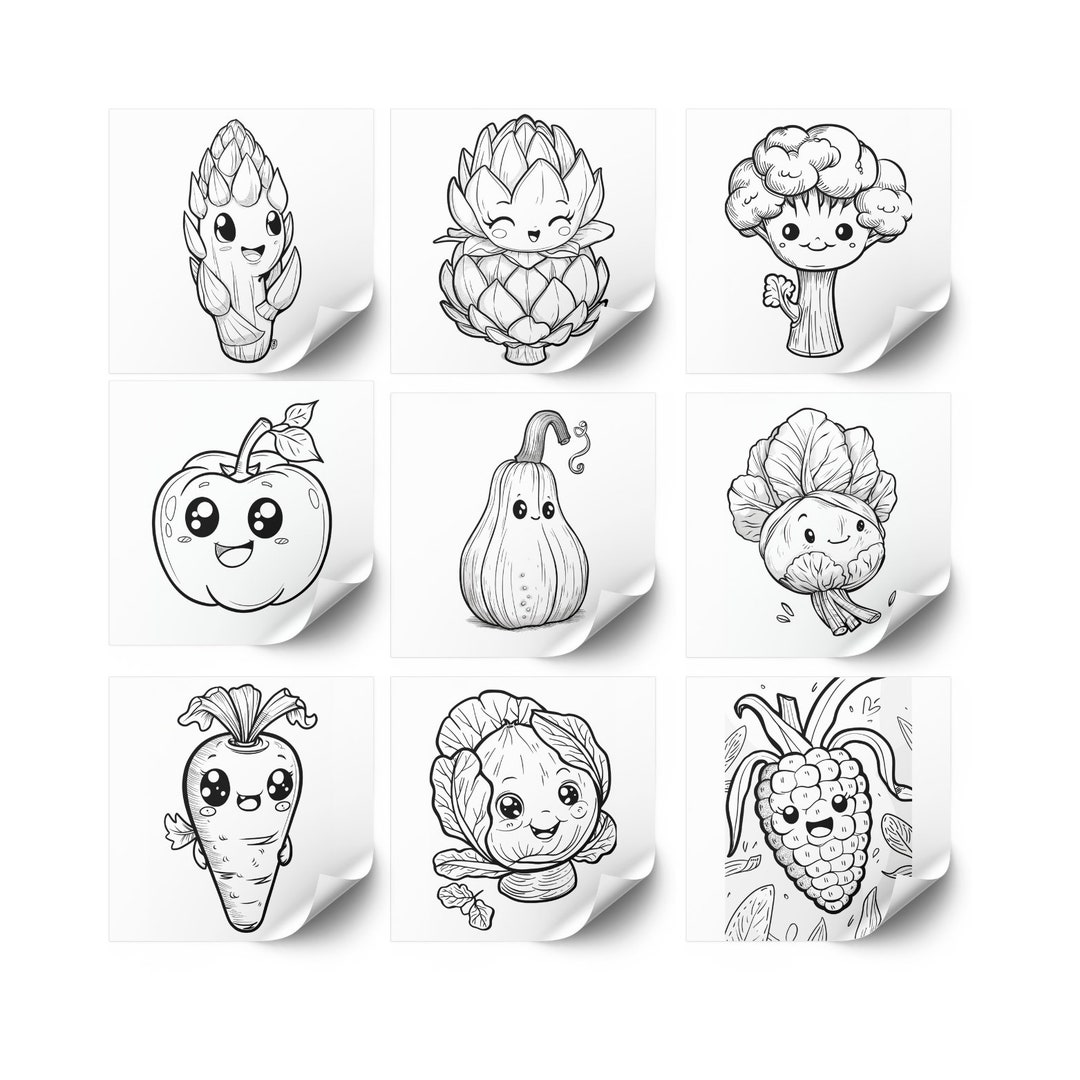 20 Cute Vegetable Coloring Pages, Easy Coloring Sheets, Grayscale