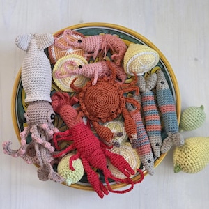 Puede incluir: Una colección de criaturas marinas y rodajas de cítricos tejidas a ganchillo sobre un plato decorativo. El conjunto incluye un calamar marrón claro, una langosta roja, un cangrejo color óxido, dos camarones rosas, dos peces rayados y limones.