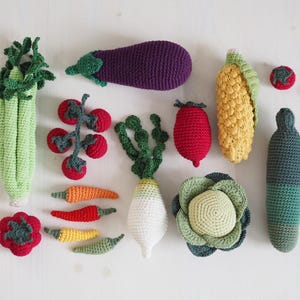 May include: A collection of colorful, crocheted vegetables, including a light green celery stalk, a purple eggplant, red tomatoes, and a yellow corn cob. Other vegetables include carrots, radishes, and a cabbage. The handmade items are arranged on a white surface.