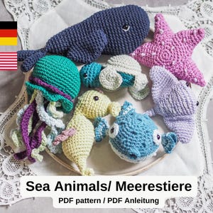 Sea creatures: Pufferfish, Seahorse, Turtle, Whale, Ray, Starfish, Jellyfish - PDF Crochet Pattern (English, German) Amigurumi