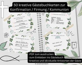50 Gästebuchkarten zum kreativen Ausfüllen für die Konfirmation/ Firmung / Kommunion /Jugendweihe - Blumenkranz Design - inkl. Blankokarten
