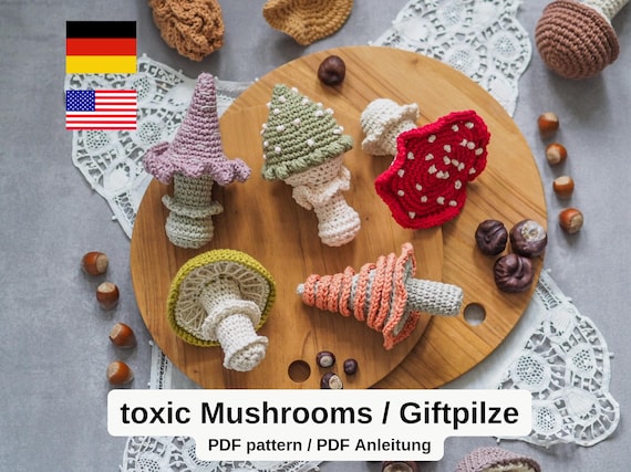 5 Gift Pilze Häkeln Anleitung- magic mushrooms- zauberhafte Pilzsammlung- Fliegenpilz: Amigurumi Herbst Halloween Deko, deutsch englisch