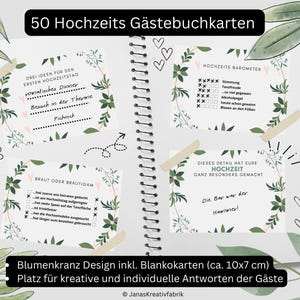 50 tarjetas para libros de invitados de boda para rellenar de forma creativa e individual, descarga instantánea: diseño de corona floral, juego de boda, tarjetas de preguntas ~9 x 6,5 cm
