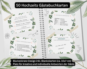 50 kartek do księgi gości weselnych do kreatywnego/indywidualnego wypełnienia, do natychmiastowego pobrania – projekt wieńca kwiatowego, gra ślubna, karty z pytaniami ~9 x 6,5 cm