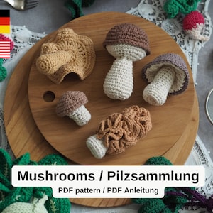 Patrón de Hongos a Crochet - 5 Hongos: Morilla, Champiñón, Rebozuelo, Porcini, Champiñón Caballero - Colección de Hongos Amigurumi - Inglés y Alemán
