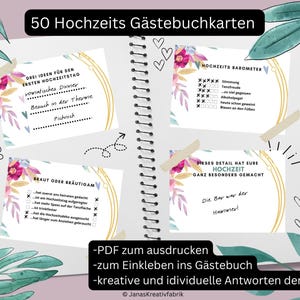 50 biglietti per gli ospiti da compilare in modo creativo per il matrimonio - PDF da stampare autonomamente - Design con ghirlanda di fiori colorati - incl. carte vuote