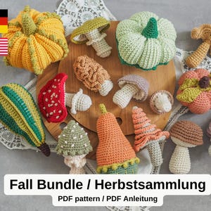 Op de afbeelding: Een verzameling handgemaakte gehaakte herfstitems, waaronder pompoenen, kalebassen en paddenstoelen in verschillende kleuren. De items zijn gerangschikt op een houten plank en een wit kanten kleedje. De tekst "Fall Bundle / Herbstsammlung" is zichtbaar.