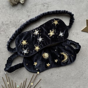 Velvet sleeping mask, handpainted and beaded sleep mask with stars and moon theme