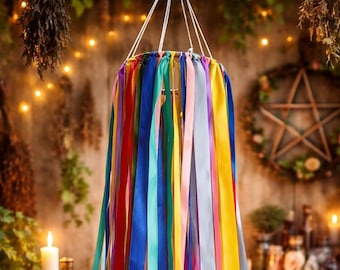 Beltane Ribbon Hoop, Maibaum, Boho Schleifenband Mobile für die Gartendekoration