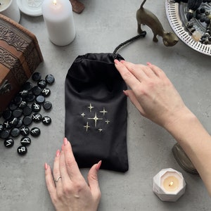 Black Silk Tarot Bag: Golden Stars, Drawstring Tarot Deck Pouch image 2