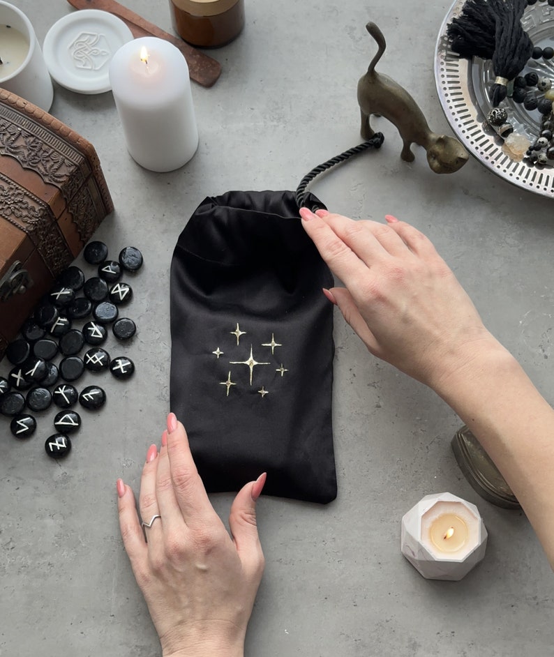 Black Silk Tarot Bag: Golden Stars, Drawstring Tarot Deck Pouch image 2