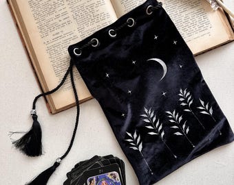 Celestial velvet tarot bag with silver leaves and beads, Crescent moon and stars pouch
