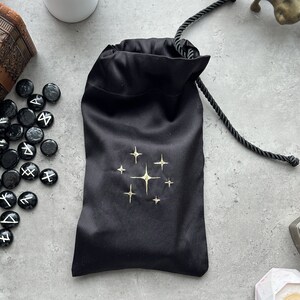 Black Silk Tarot Bag: Golden Stars, Drawstring Tarot Deck Pouch image 8