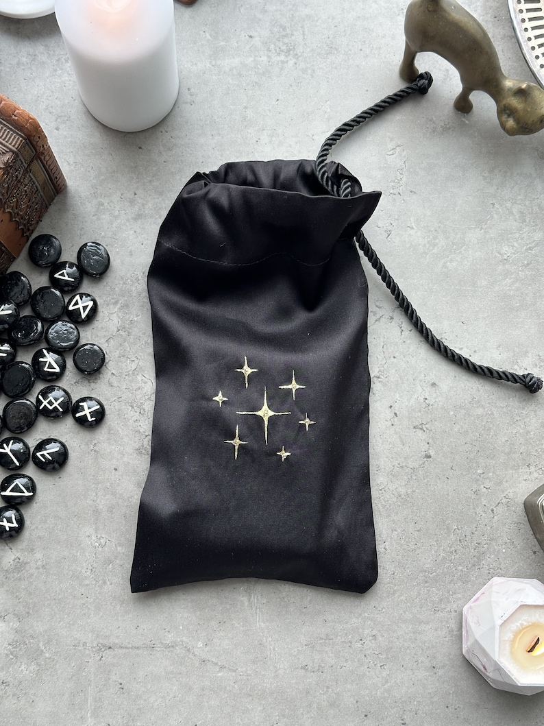 Black Silk Tarot Bag: Golden Stars, Drawstring Tarot Deck Pouch image 8