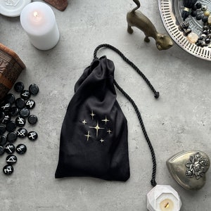 Black Silk Tarot Bag: Golden Stars, Drawstring Tarot Deck Pouch image 3