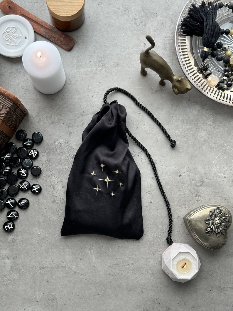 Black Silk Tarot Bag: Golden Stars, Drawstring Tarot Deck Pouch image 3