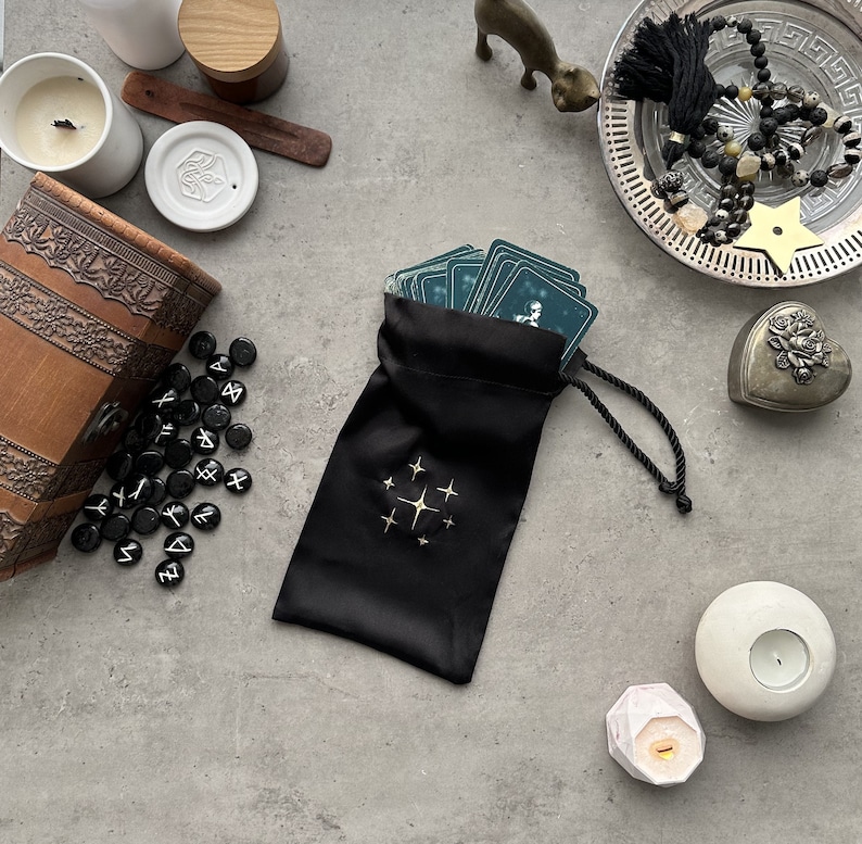Black Silk Tarot Bag: Golden Stars, Drawstring Tarot Deck Pouch image 1