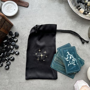 Black Silk Tarot Bag: Golden Stars, Drawstring Tarot Deck Pouch image 5