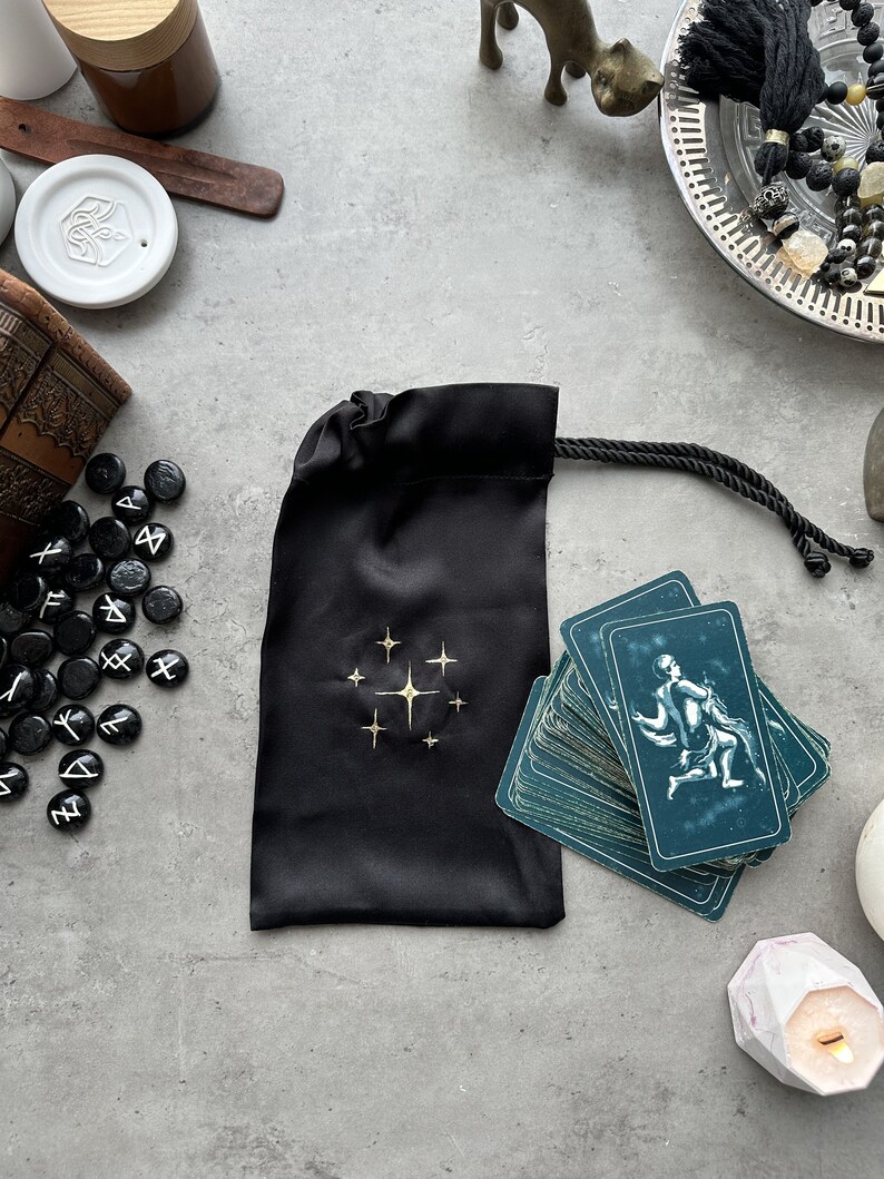 Black Silk Tarot Bag: Golden Stars, Drawstring Tarot Deck Pouch image 5