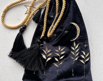 Tarot bag made of velvet and silk, hand painted, embelished with beads and crystals