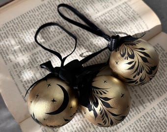 Yule decorations, Witchy Christmas Ornaments, Upcycled Hand-Painted Baubles with Moon&Stars theme, Celestial Christmas Ornaments