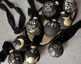 Yule decor, Witchy Christmas Ornaments - Upcycled Hand-Painted Baubles with Moon and Wicca Symbols