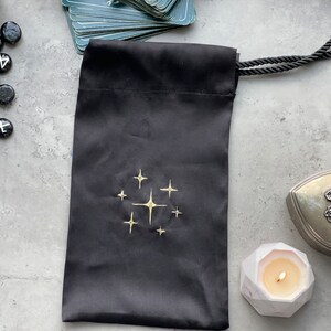Black Silk Tarot Bag: Golden Stars, Drawstring Tarot Deck Pouch image 9