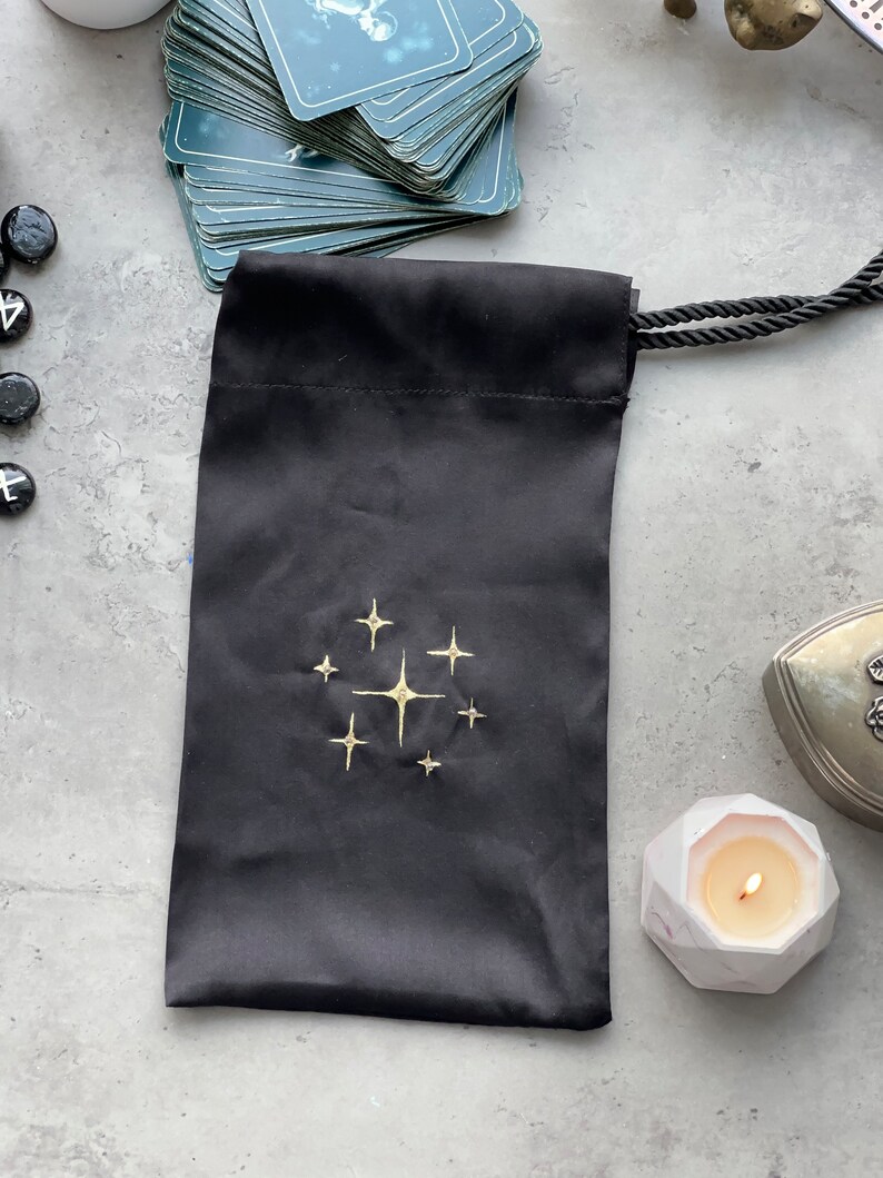 Black Silk Tarot Bag: Golden Stars, Drawstring Tarot Deck Pouch image 9