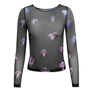 See through mushroom top, black mesh shirt for woman with psychedelic neon mushroom print, festival fishnet womans long sleeve top