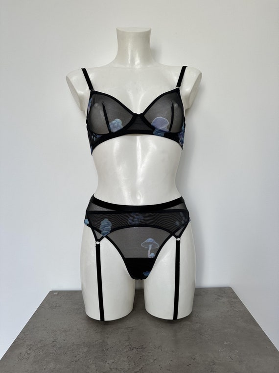 Sheer Mesh Lingerie Set, Mushroom Print Bra, Thong, and Garter Belt