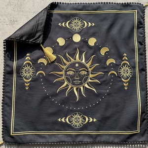 Celestial Tarot Cloth: Black Cotton Altar Tablecloth with Sun Embroidery