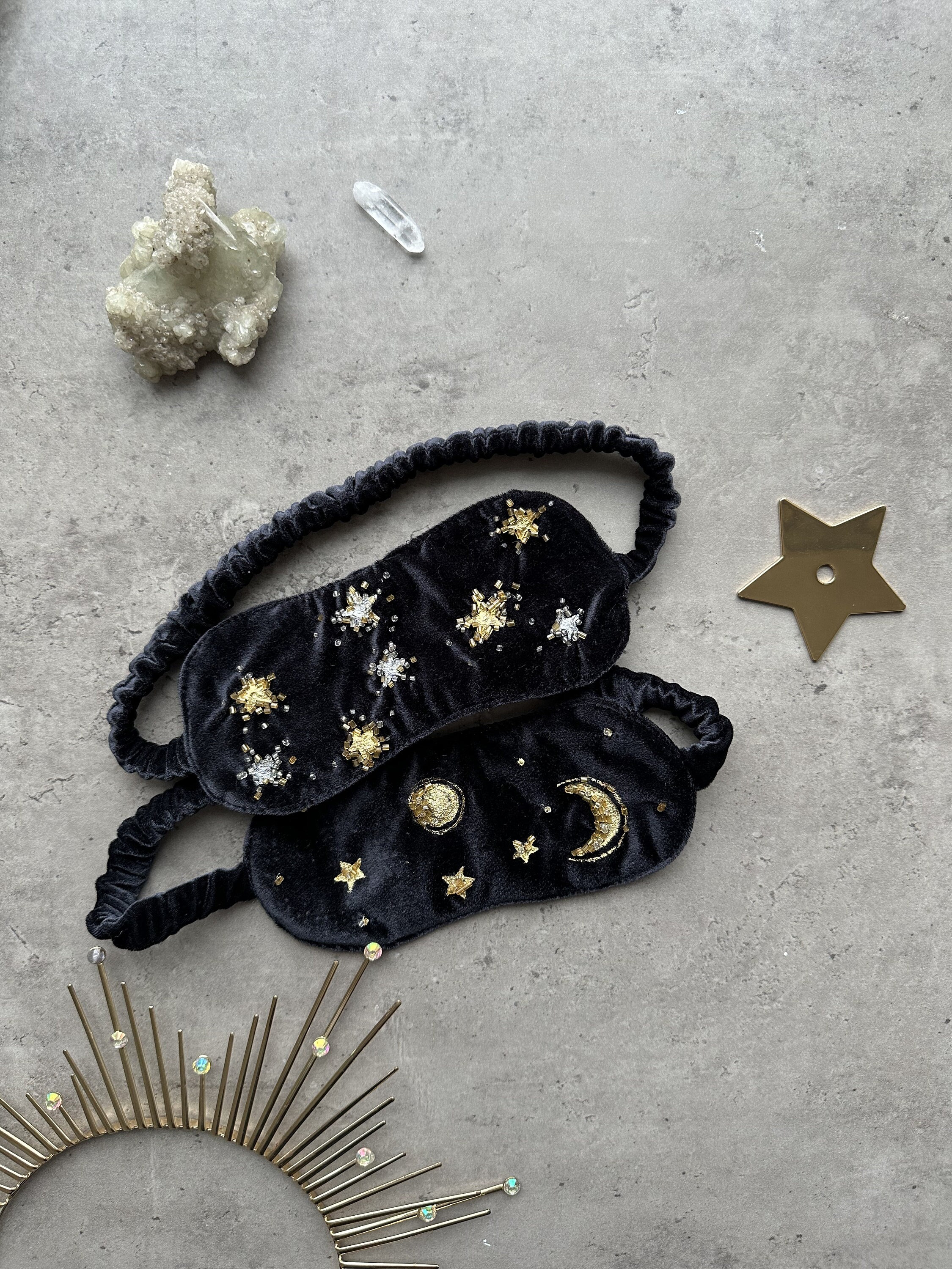 Velvet sleeping mask, handpainted and beaded sleep mask with stars and moon theme