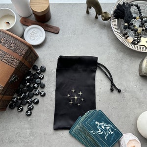 Black Silk Tarot Bag: Golden Stars, Drawstring Tarot Deck Pouch image 4