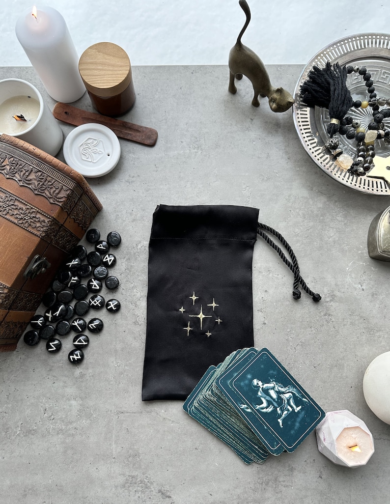 Black Silk Tarot Bag: Golden Stars, Drawstring Tarot Deck Pouch image 4