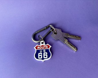 Route 66 Keychain Colored: Vintage American Highway Keyring, Retro Road Trip Souvenir, Biker Travel Gift for Him