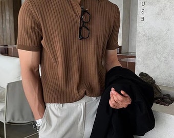 Men's Casual Lapel Short Sleeve Knitting Ribbed Shirt - Buttons, Elastic Fit, Half Placket - Top for Effortless Style Trendy Business