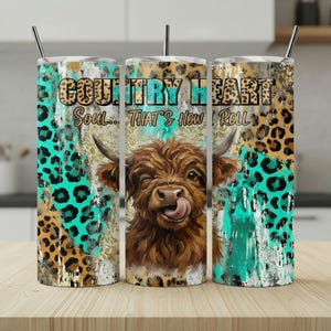 Cowhide Pattern 20oz Tumbler Wrap, Turquoise Leopard Highland Cow PNG