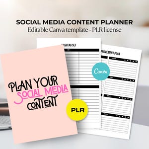 May include: A pink planner with the text "Plan Your Social Media Content" in black and pink. The image also shows a white planner with a hashtag set and an improvement plan. The words "Canva" and "PLR" are also visible.