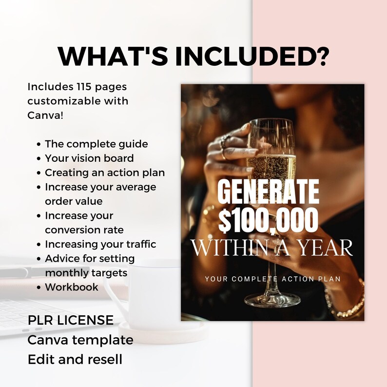 Generate 100,000 in a Year Complete Action Plan, Digital Marketing Success workbook canva, digital product for passive income with MRR and PLR image 2