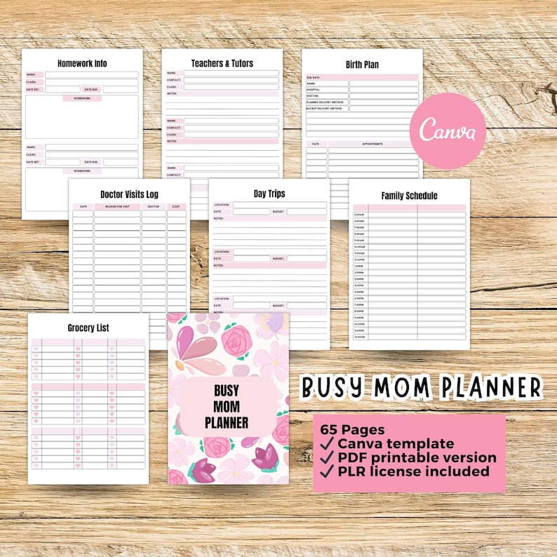 Family organization planner for moms, includes daily to-do lists, weekly chores, baby care log, grocery list and travel planner, printable PDF