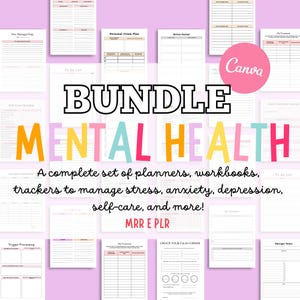 May include: A bundle of printable mental health planners, workbooks, and trackers. The word "BUNDLE" is in bold black letters above the words "MENTAL HEALTH" in colorful letters. The text reads "A complete set of planners... self-care, and more!"
